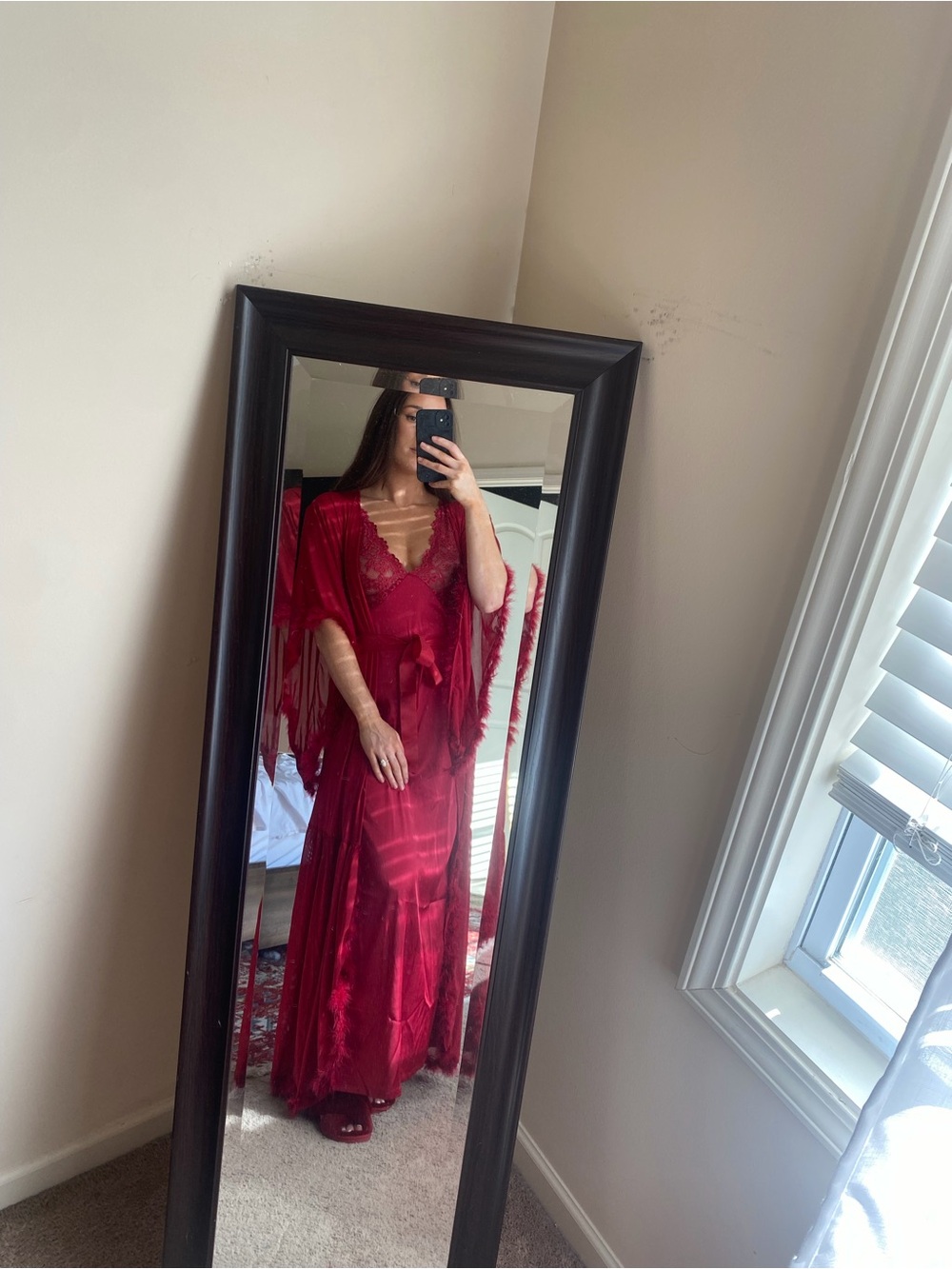 Red Satin Maxi Wrap nightgown with Lace Detail and matching fur trimmed robe